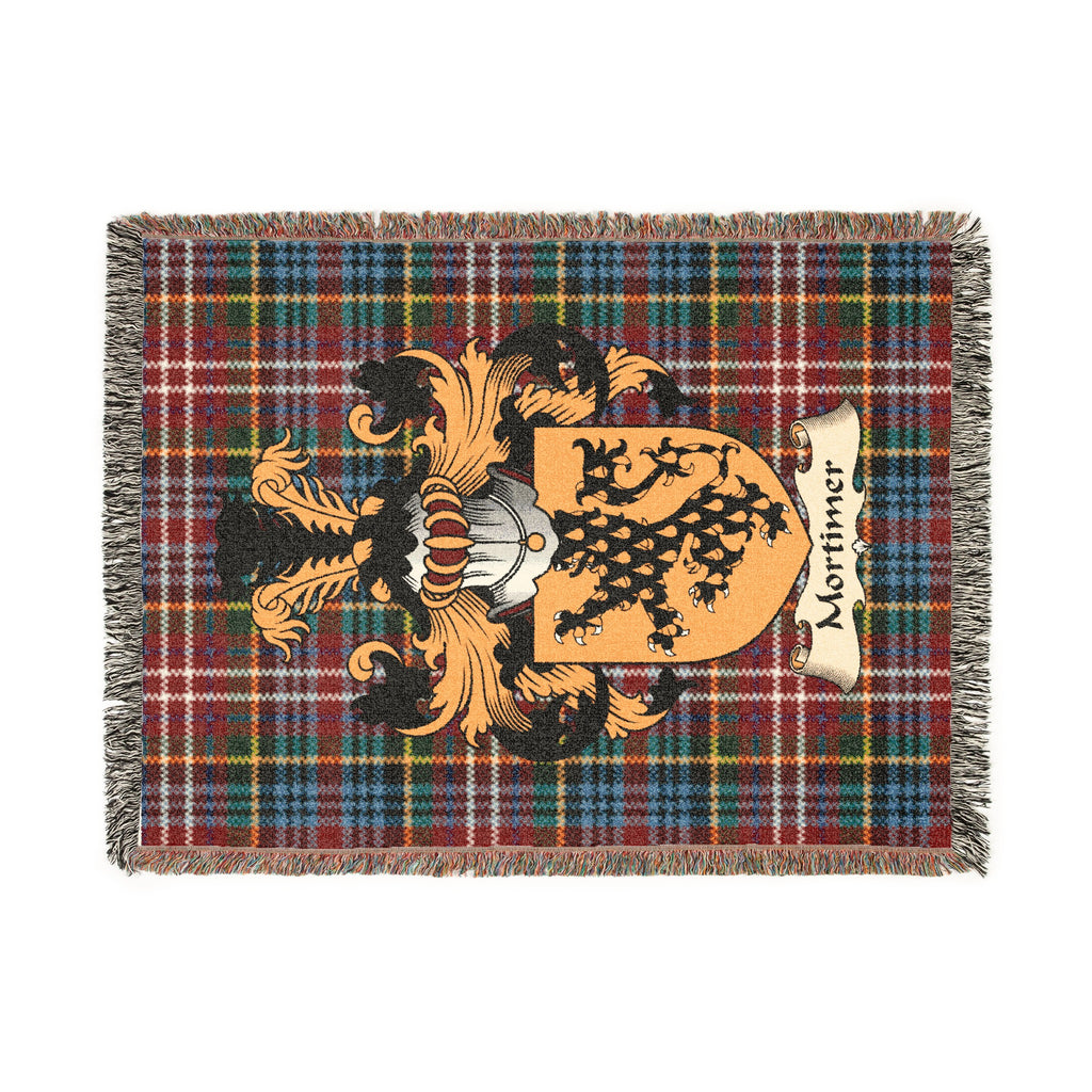 Mortimer Scottish woven blanket with family shield and Caledonia tartan background