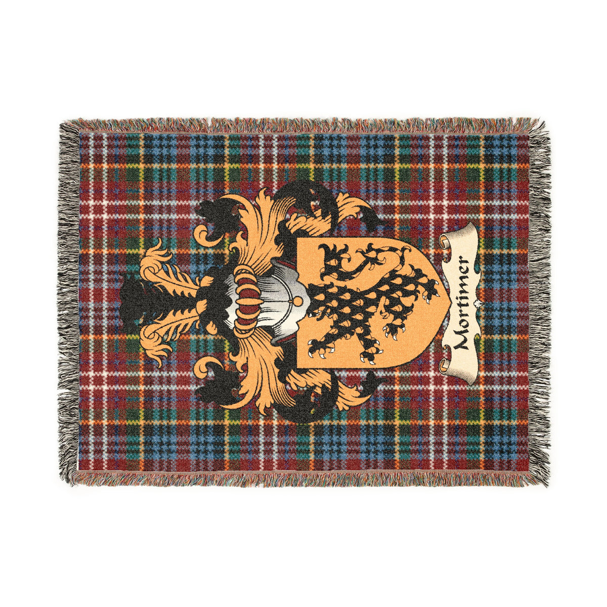 Mortimer Scottish woven blanket with family shield and Caledonia tartan background