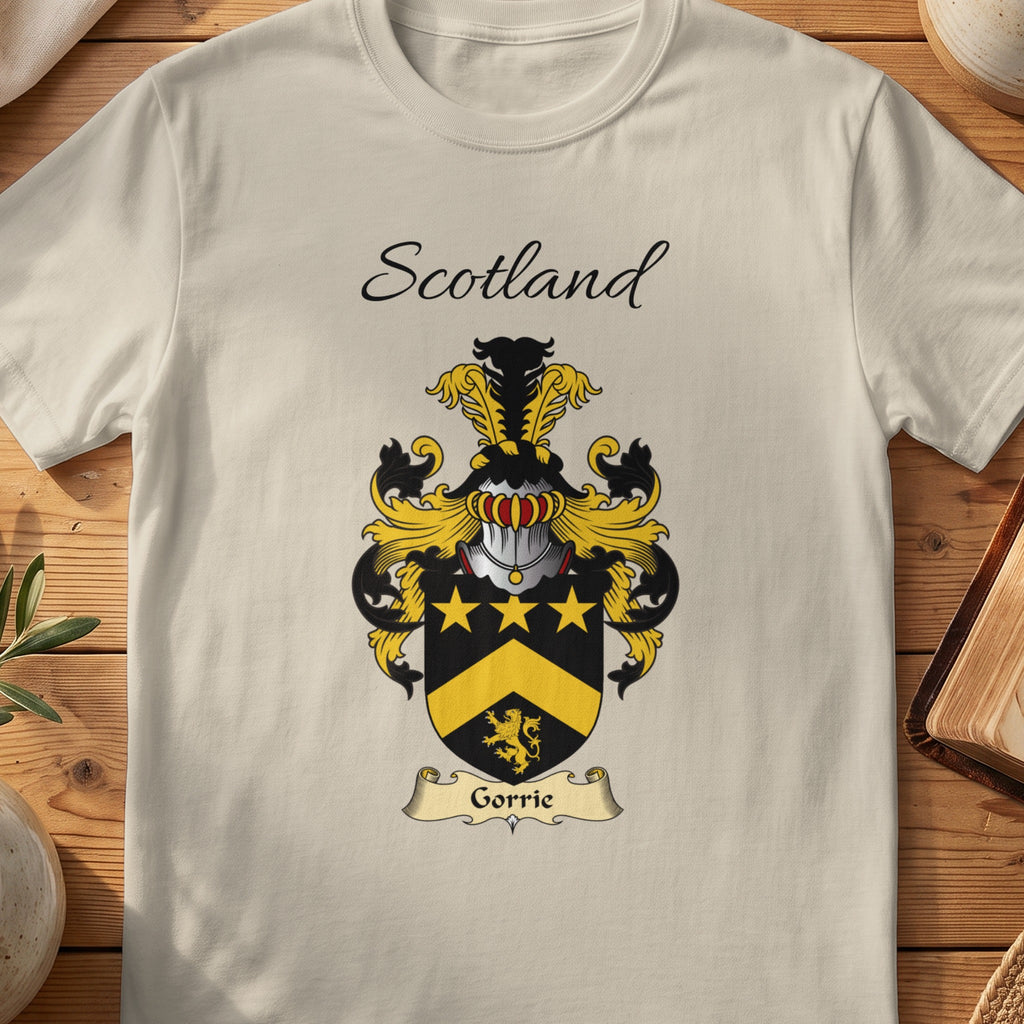 Sand Gorrie Scottish family shield T-shirt featuring gold stars and a gold chevron on black