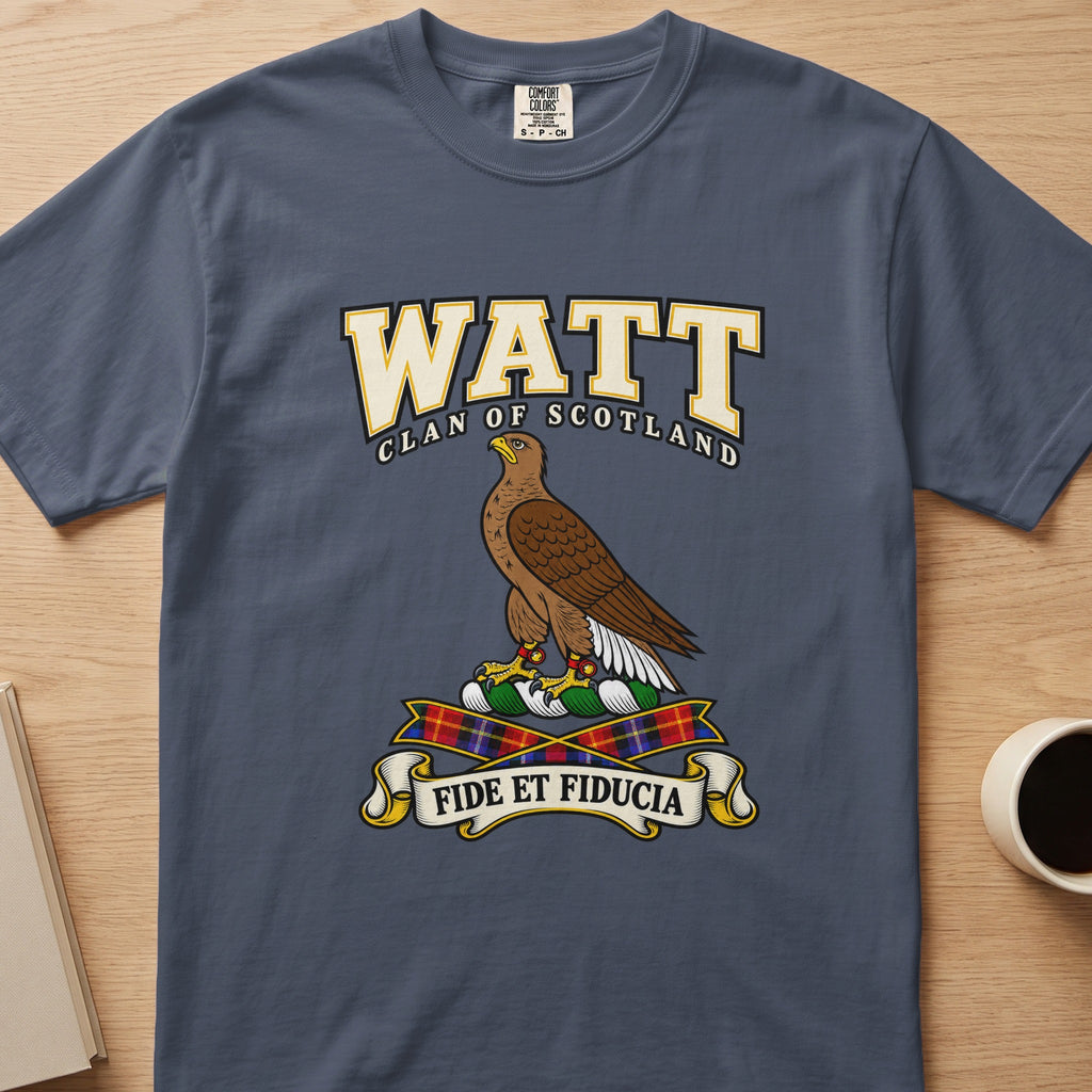 Watt clan T-shirt in slate blue, front view with brown bird in profile