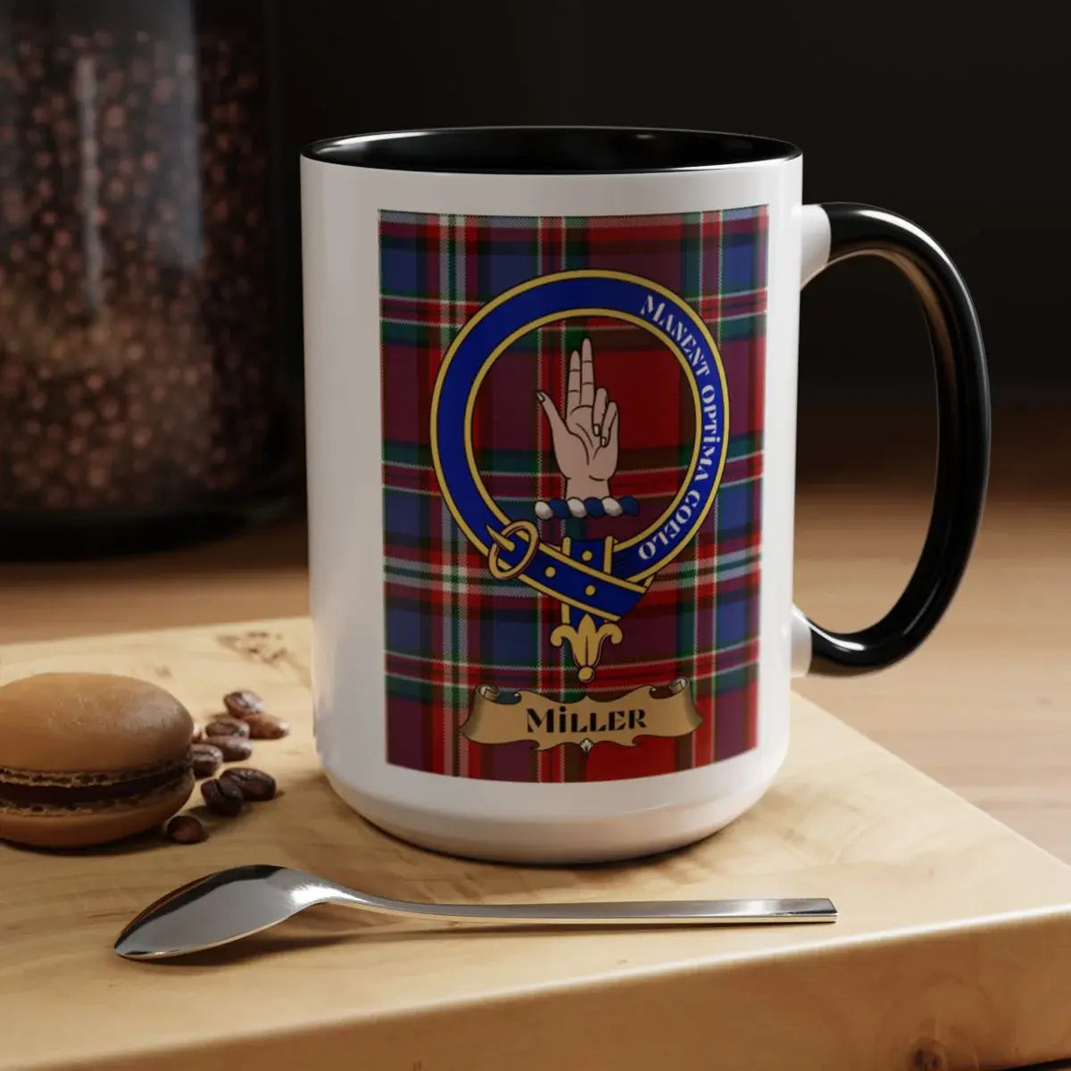 Close-up of the Miller clan crest printed on a ceramic mug