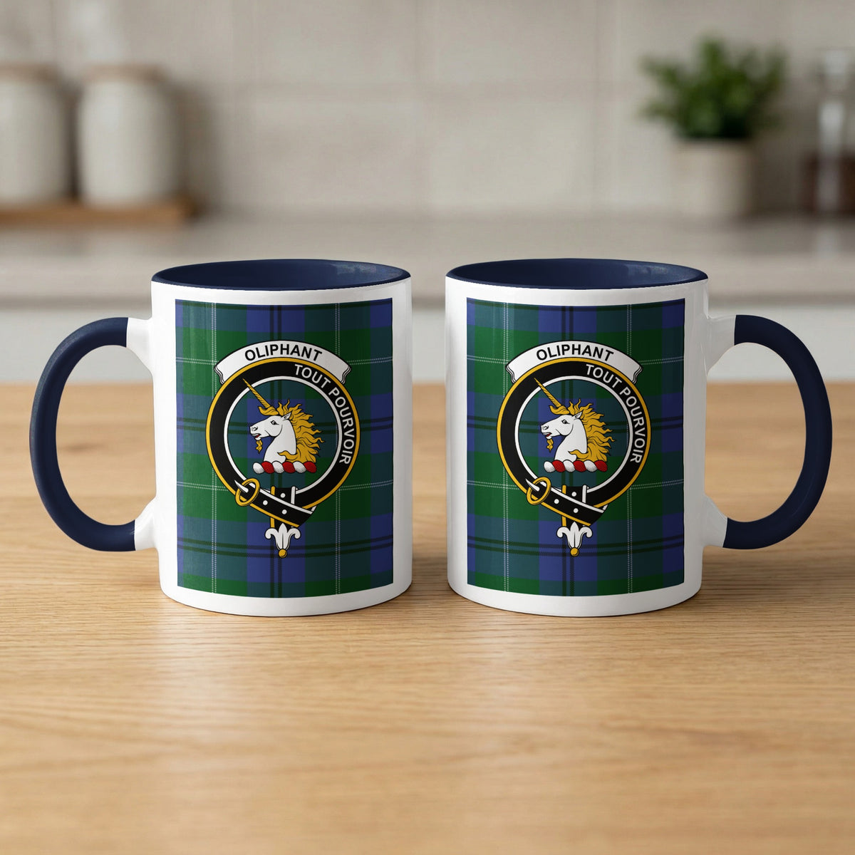 Pair of Oliphant Scottish clan crest 11 oz mugs with navy accents and a tartan background