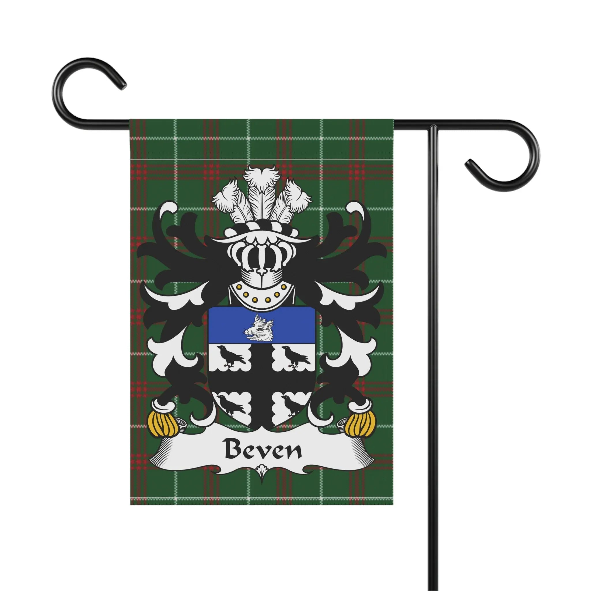 Garden flag with Beven family crest on a green plaid background.