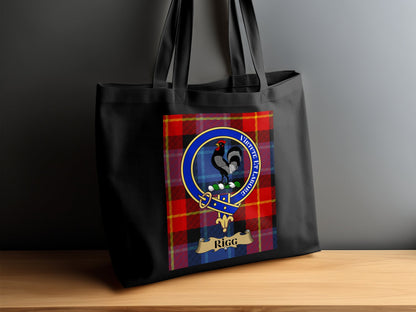 Scottish Clan Crest on Tartan Background Rigg Tote Bag - Living Stone Gifts