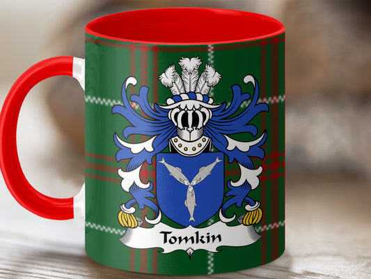 Tomkin Coat of Arms on Welsh National Tartan Background Mug - Living Stone Gifts