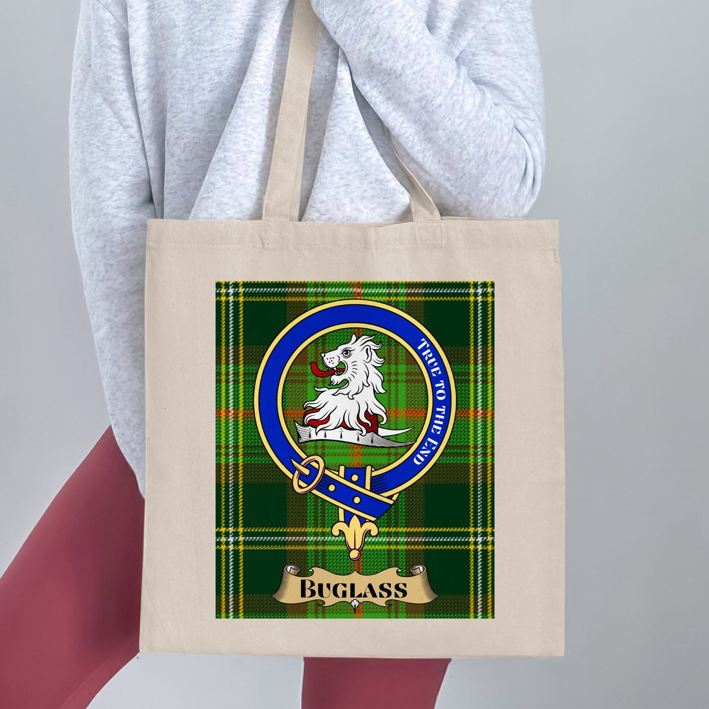 Buglass Clan Crest on Scottish Tartan Pattern Tote Bag - Living Stone Gifts