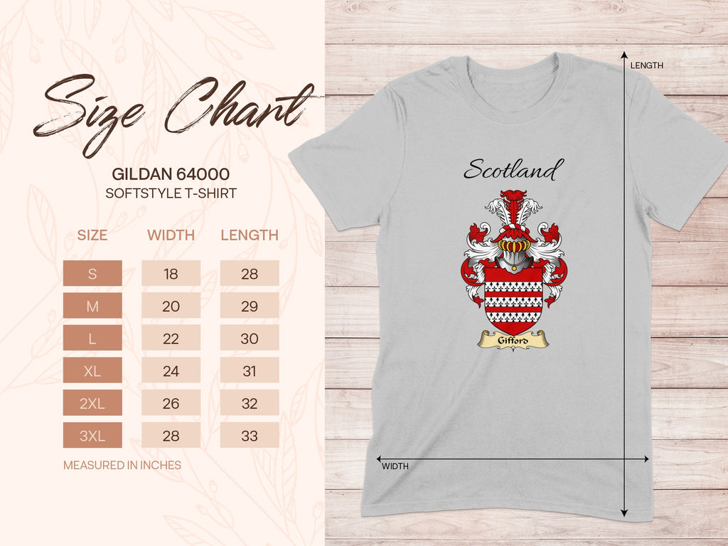 Gildan 64000 size chart for the Gifford unisex T-shirt, sizes S to 3XL