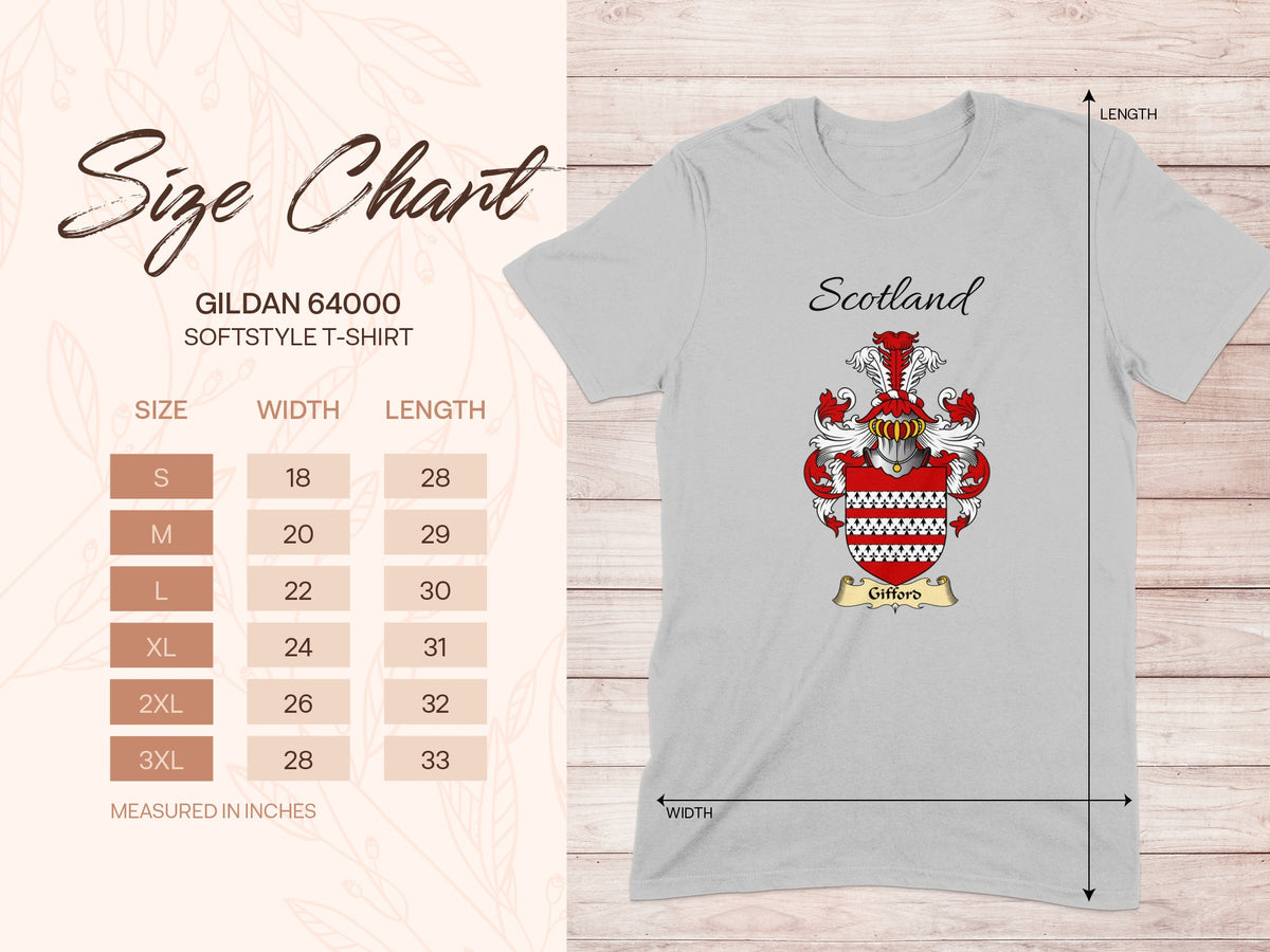 Gildan 64000 size chart for the Gifford unisex T-shirt, sizes S to 3XL