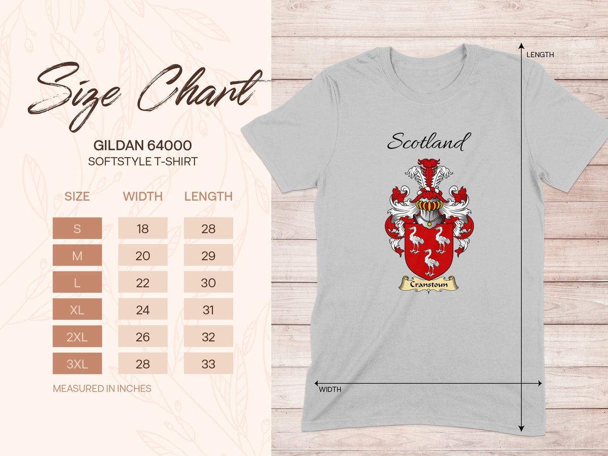Gildan 64000 size chart for the Cranstoun unisex T-shirt, sizes S to 3XL