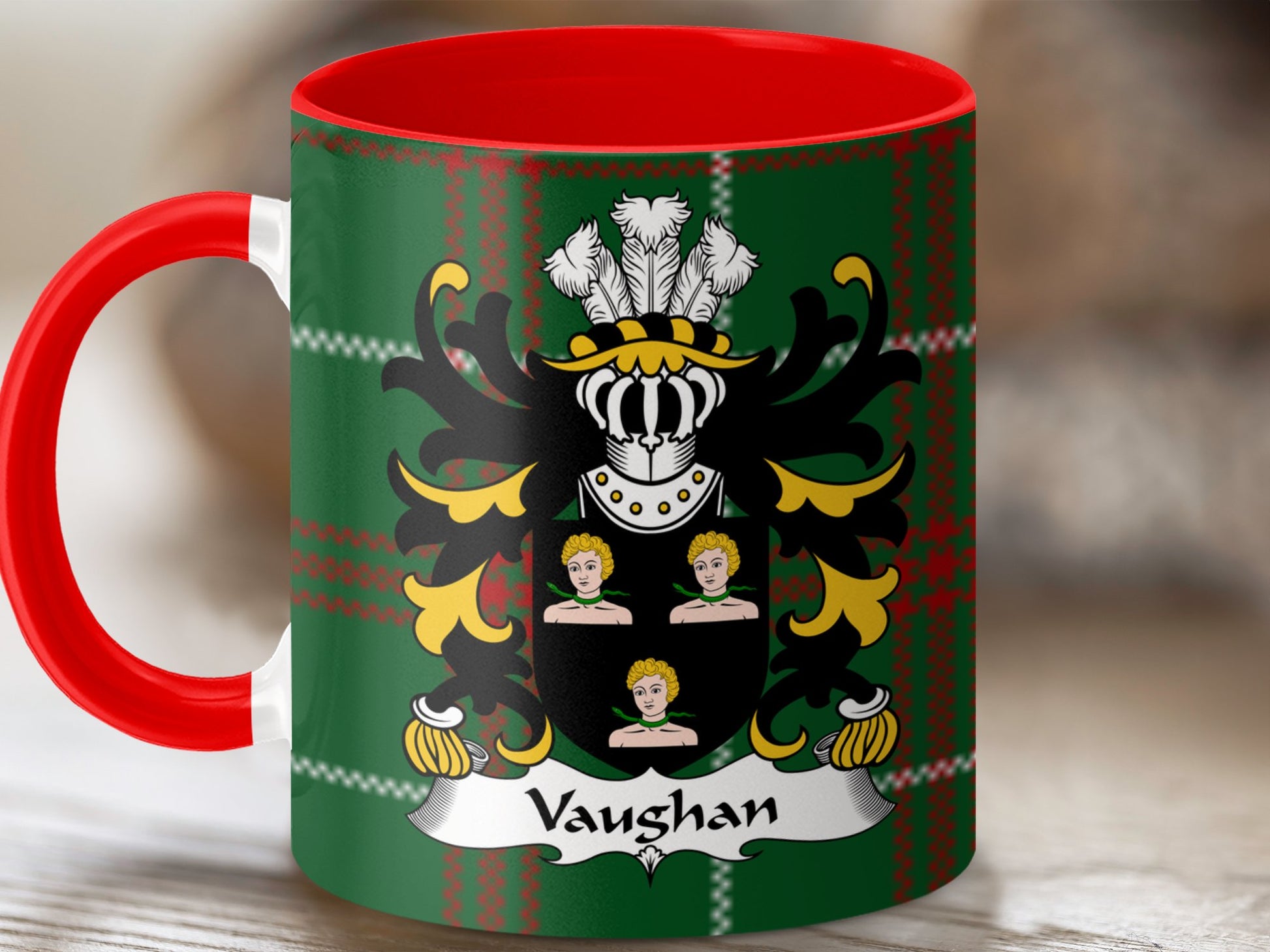 Vaughan Family Crest on Welsh National Tartan Mug - Living Stone Gifts