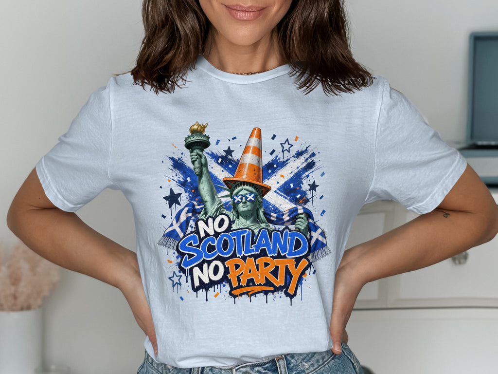 Statue of Liberty with traffic cone and Scottish flag, text "No Scotland No Party".
