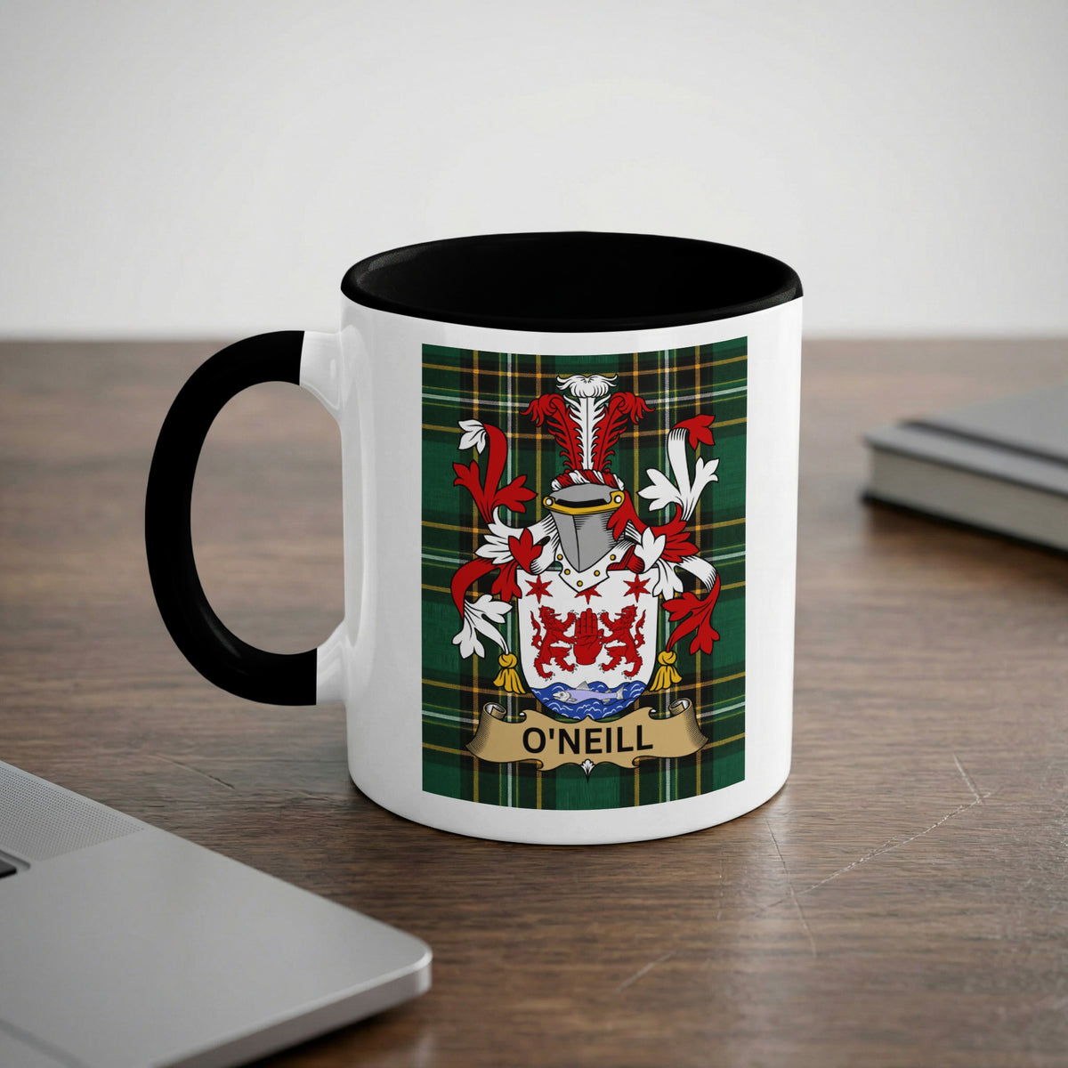 O'Neill 11 oz black accent mug featuring Irish family crest and tartan