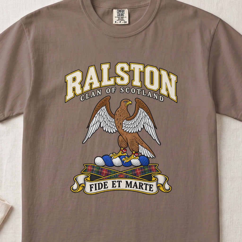 Ralston Scottish clan T-shirt in Espresso, front view with a brown eagle with spread wings and motto design.