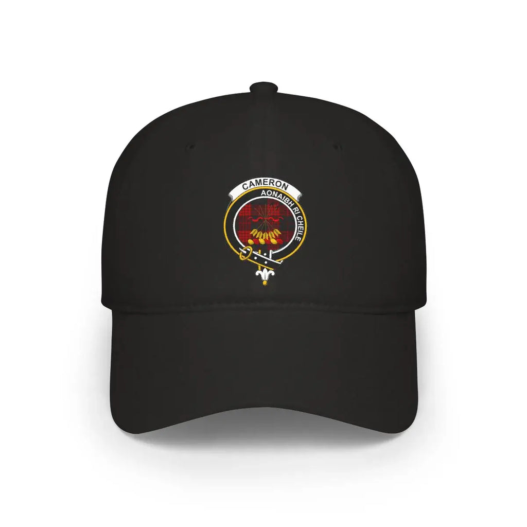 Cameron clan crest tartan cap in khaki — 100% cotton with red heraldic design on front panel