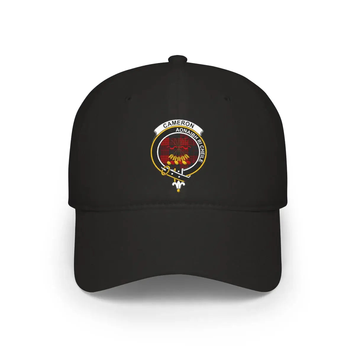 Cameron clan crest tartan cap in khaki — 100% cotton with red heraldic design on front panel