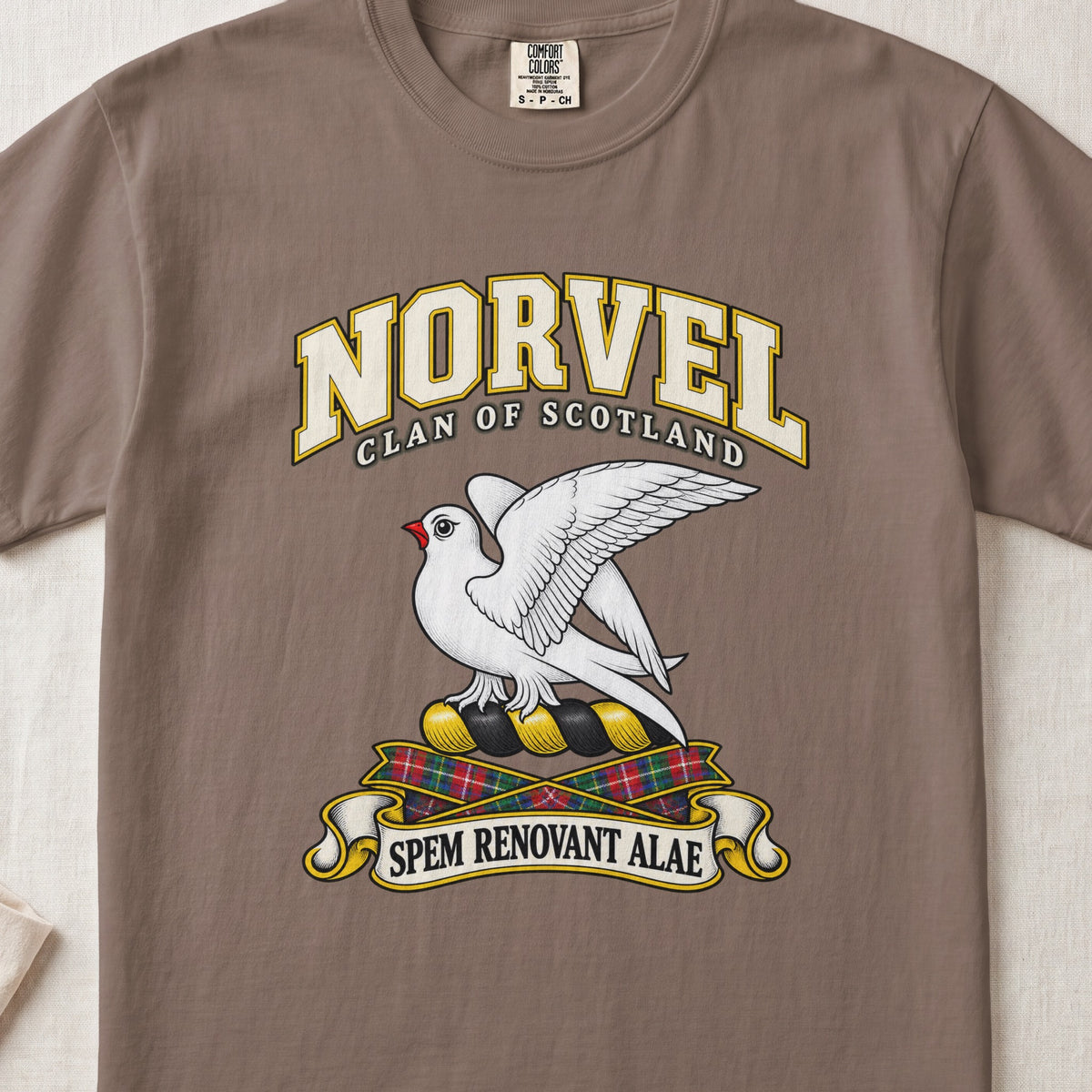 Norvel Scottish clan T-shirt in Espresso, front view with a white bird with raised wings and motto banner.