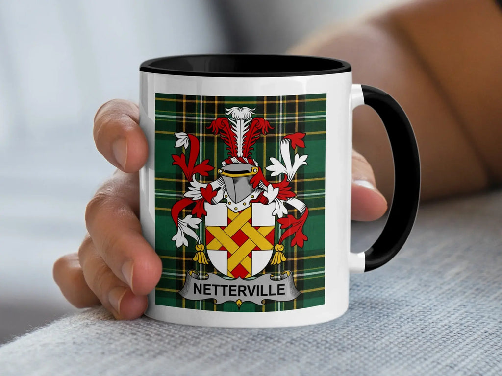 Netterville Irish Heritage Accent Mug with black handle and family crest