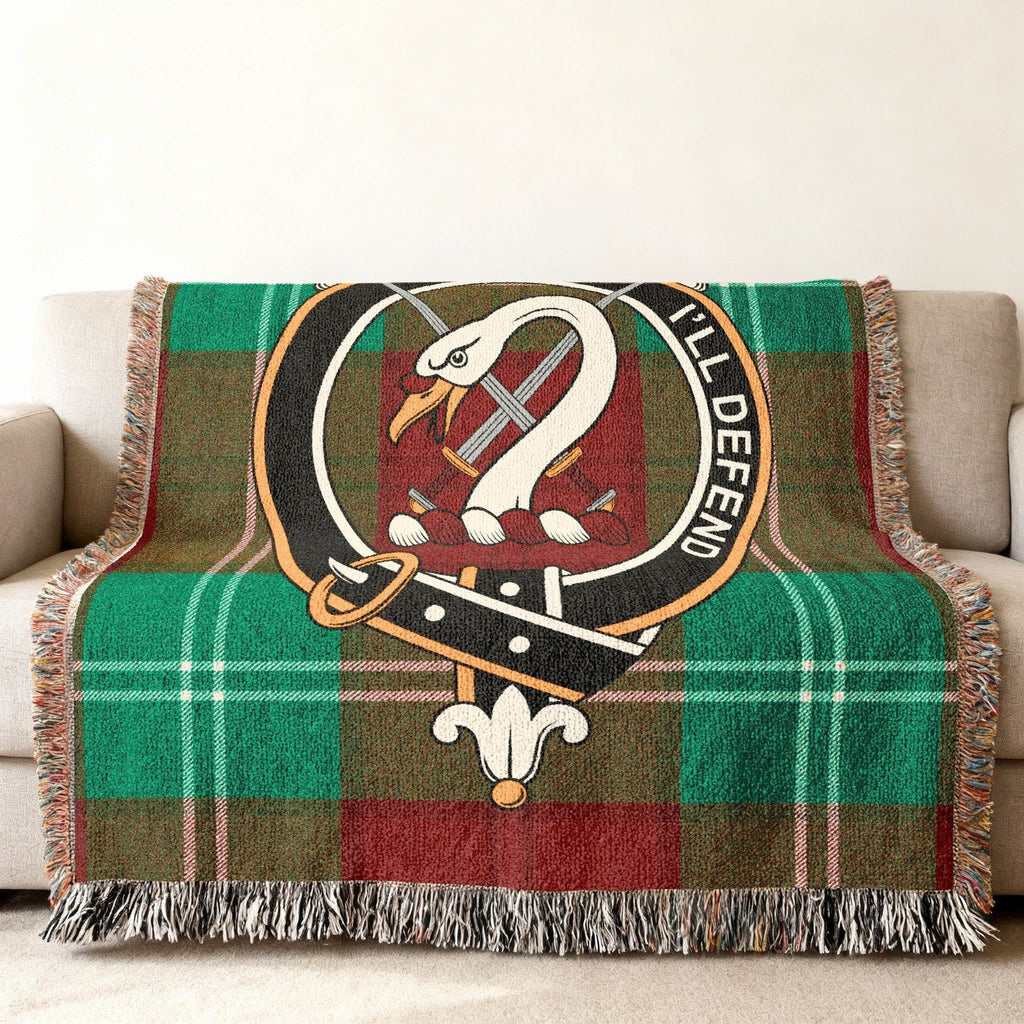 Clan Lennox woven blanket — 80x60 inch full size, I'll Defend crest and tartan on sofa display