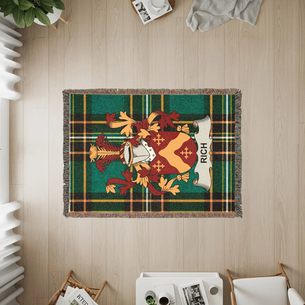 Rich family crest woven tapestry with plaid design.