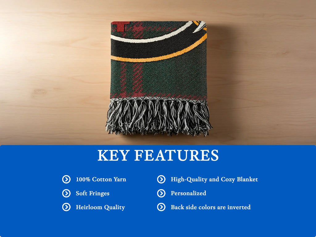 MacDonald clan tartan woven blanket with soft fringes — 100% cotton, multiple sizes
