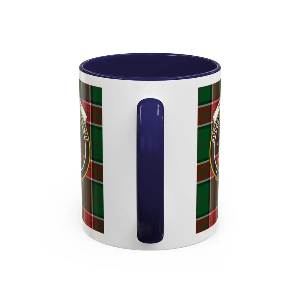 Clan Pollock tartan accent mug with navy handle — 15 oz ceramic Scottish clan crest drinkware