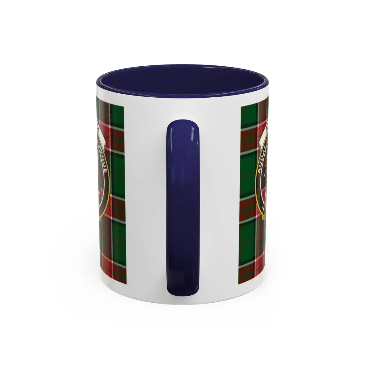 Clan Pollock tartan accent mug with navy handle — 15 oz ceramic Scottish clan crest drinkware