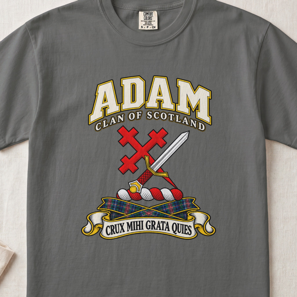 Adam Scottish clan T-shirt in Pepper, front view with a silver sword crossed with a red cross and motto banner.