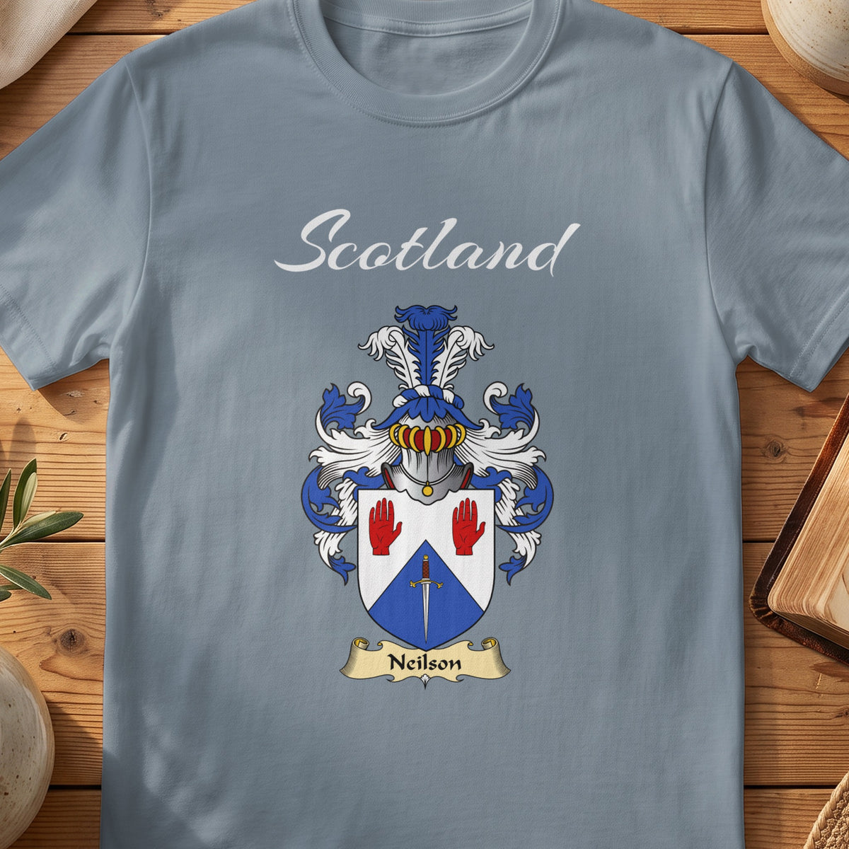 Neilson Scottish family shield T-shirt in Stone Blue