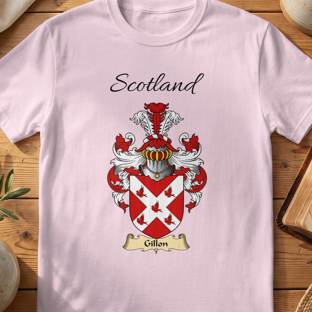 Light Pink Gillon Scottish family shield T-shirt featuring a white diagonal cross with small red birds
