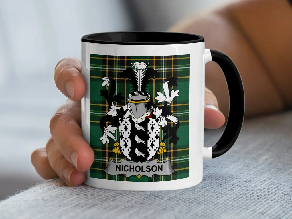 Nicholson Irish Heritage Accent Mug with black handle and family crest