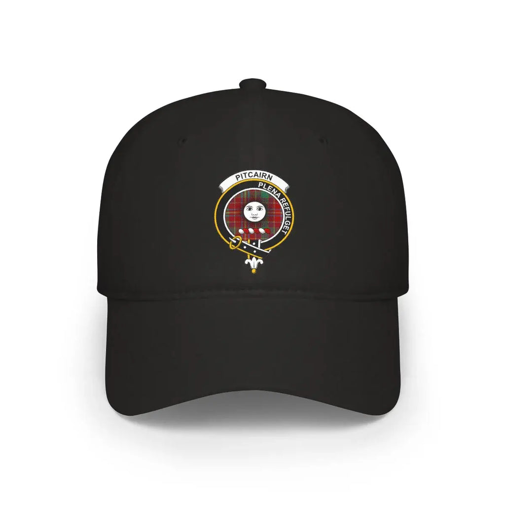 Clan Pitcairn crest tartan cap in black — printed Plena Refulget design, low-profile cotton hat