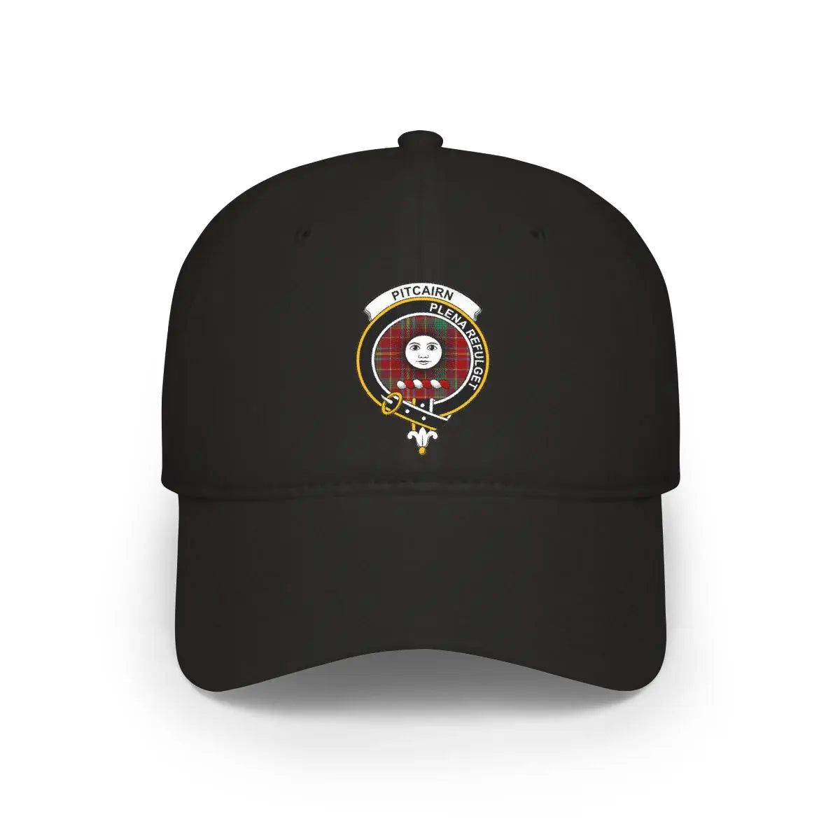 Clan Pitcairn crest tartan cap in black — printed Plena Refulget design, low-profile cotton hat