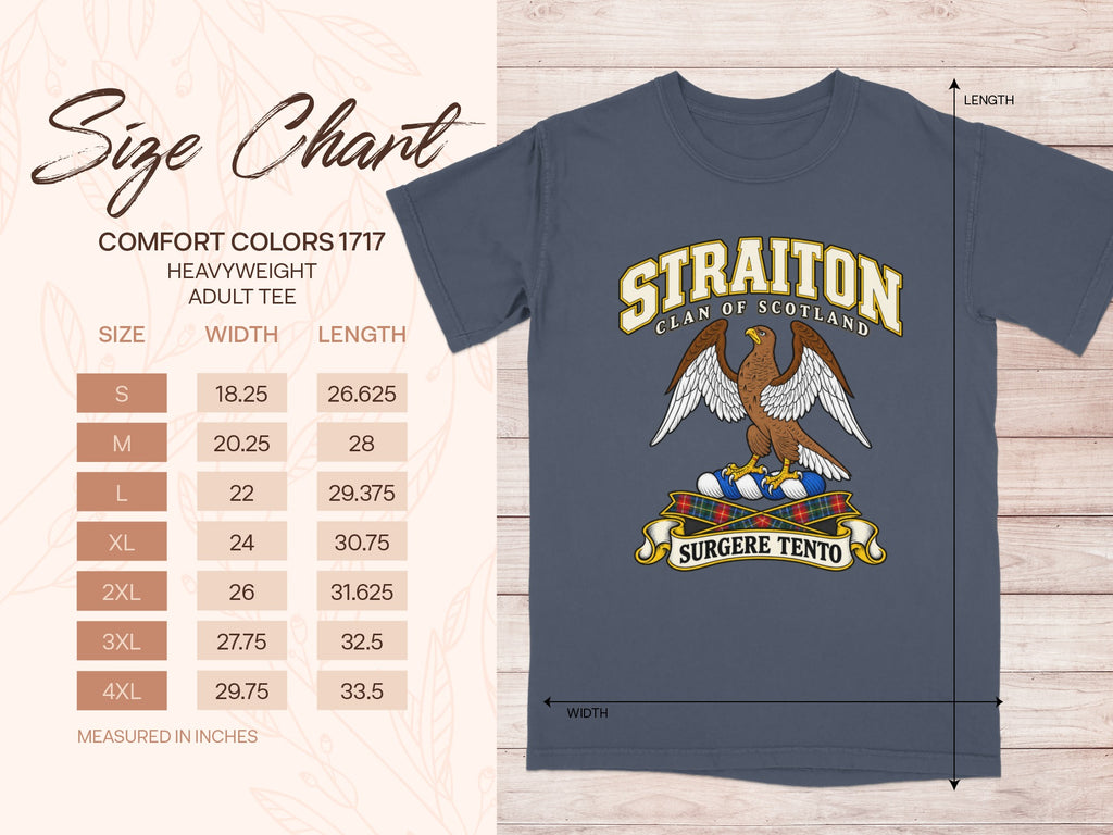 Comfort Colors 1717 size chart for the Straiton Scottish clan T-shirt, adult sizes S–4XL.