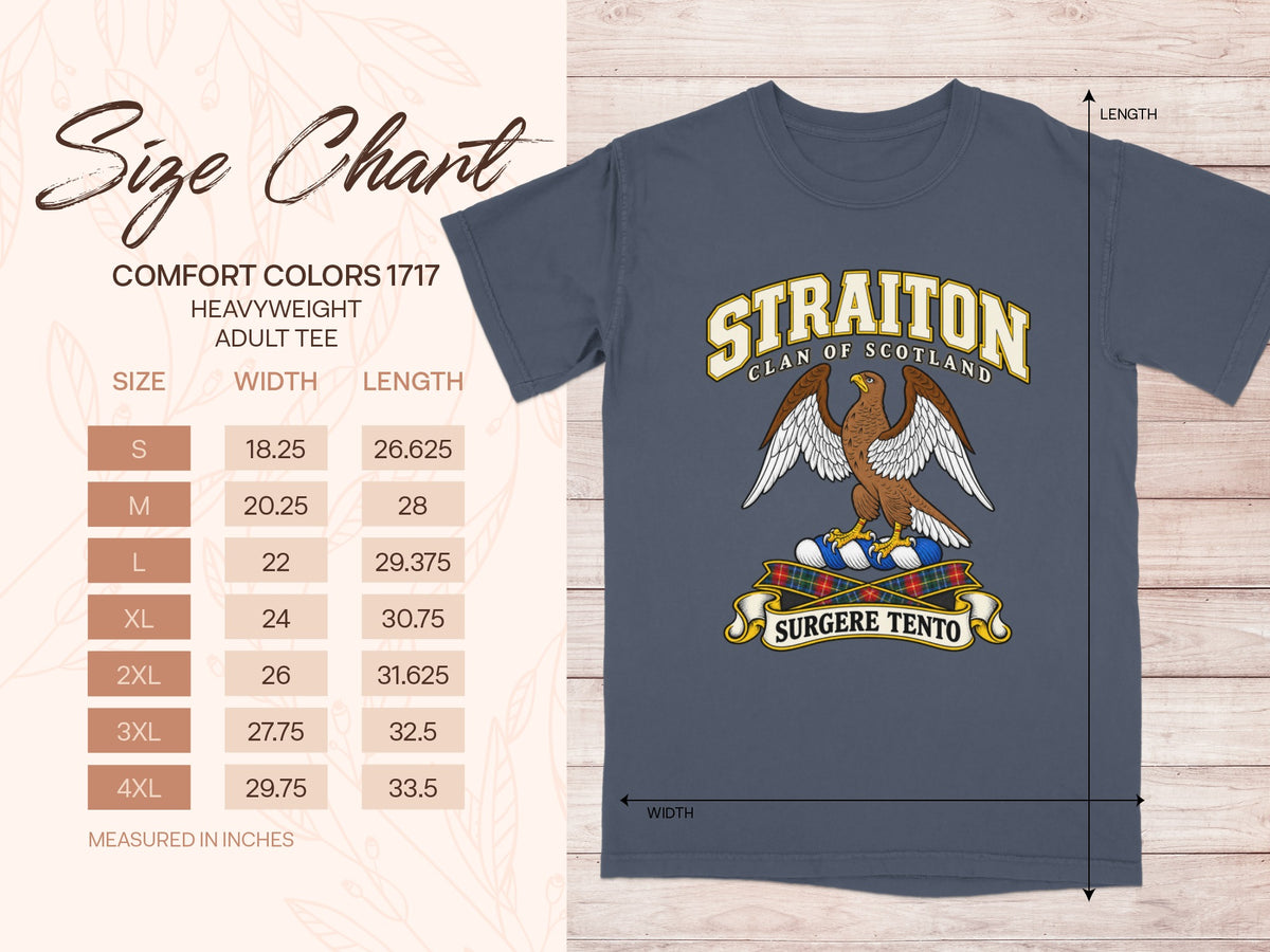 Comfort Colors 1717 size chart for the Straiton Scottish clan T-shirt, adult sizes S–4XL.