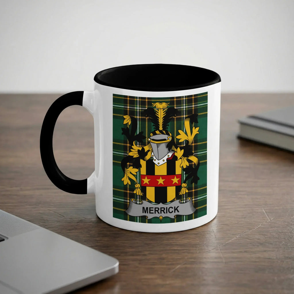 Merrick Irish heritage mug with black handle and family crest