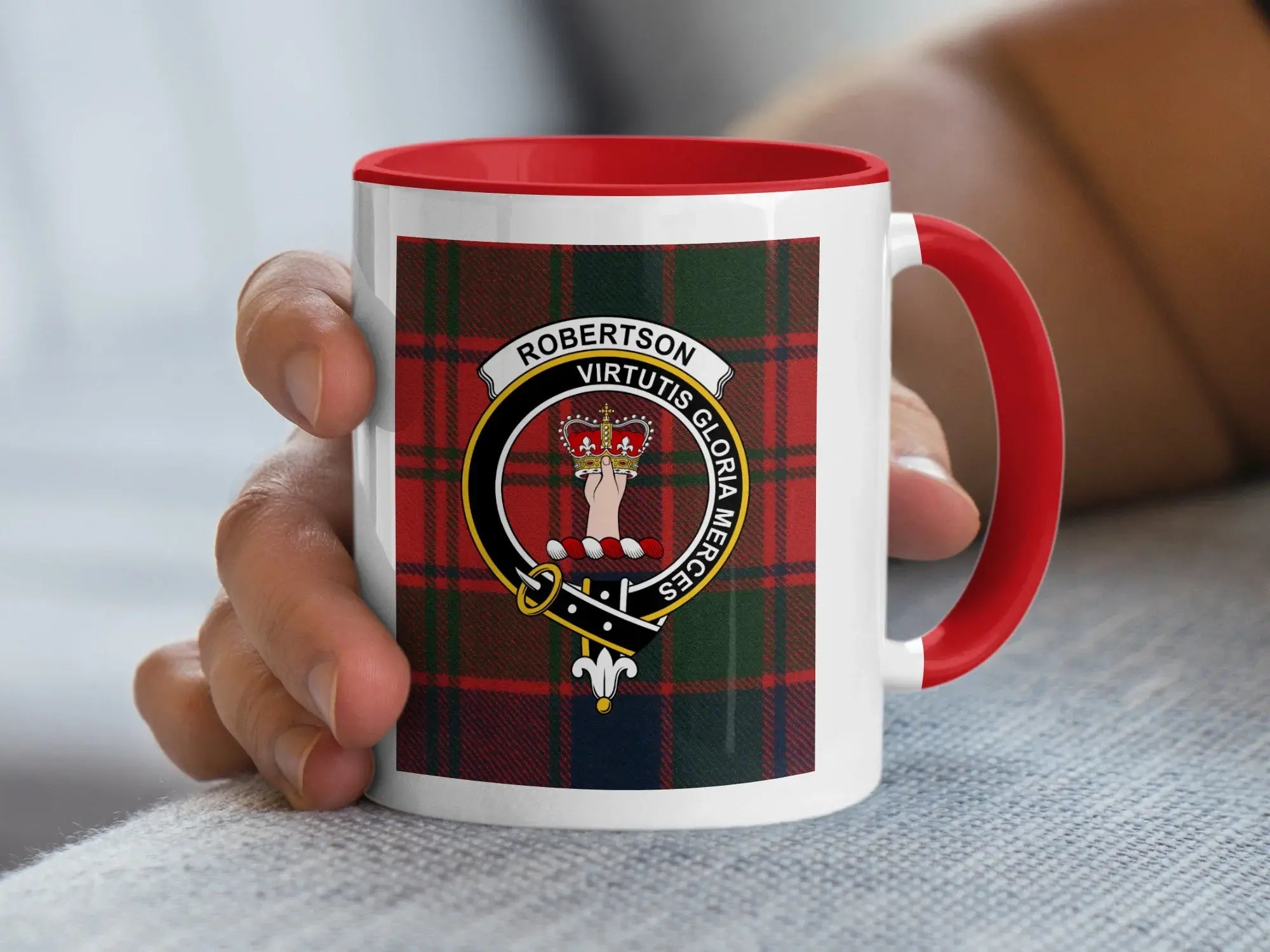 Robertson tartan accent mug — crest and red plaid design, 11oz glossy ceramic