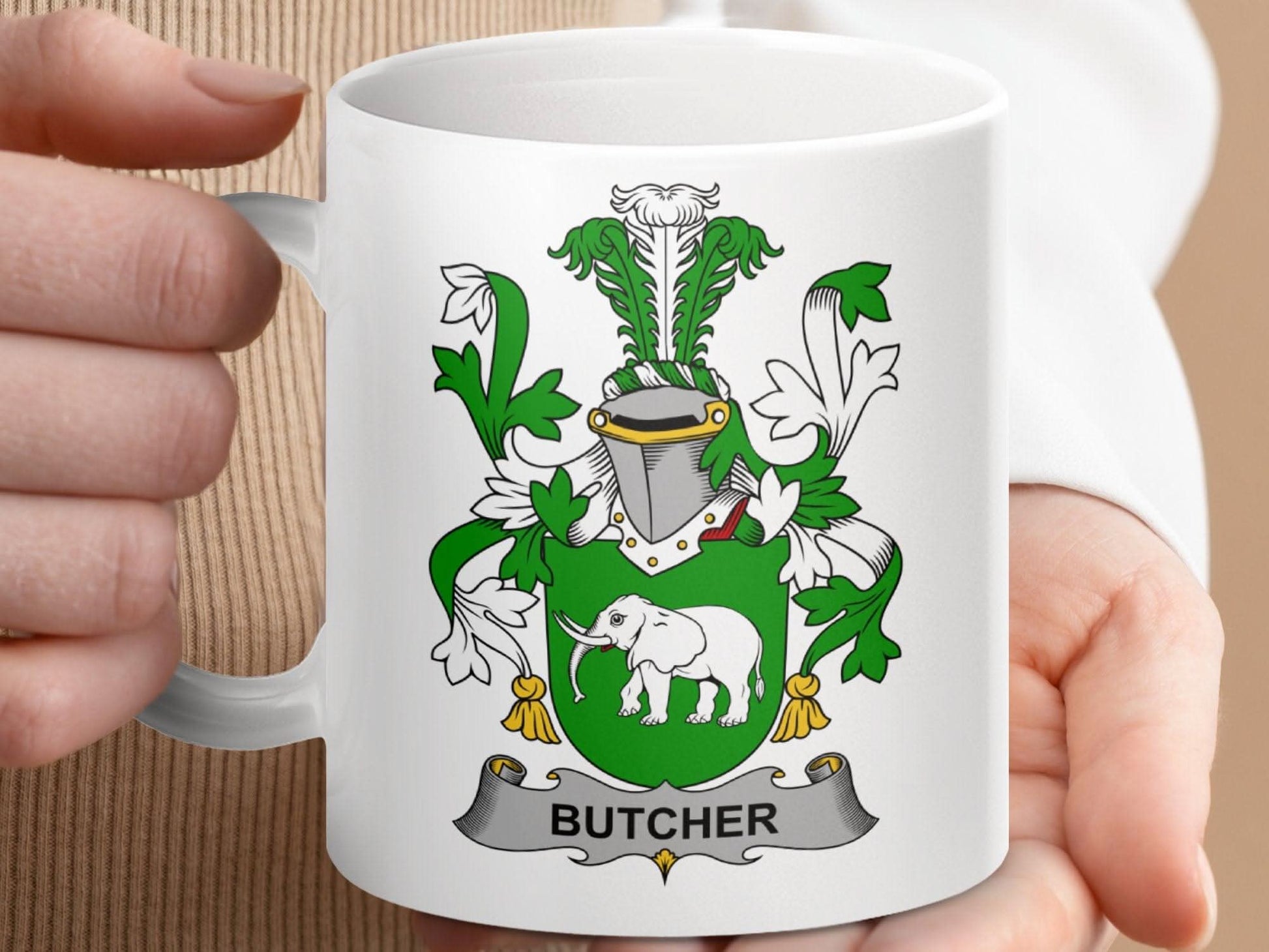 Butcher Surname Irish Family Crest Heraldry Art mug - Celtic Ancestry Gifts
