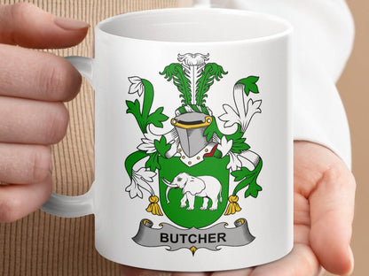 Butcher Surname Irish Family Crest Heraldry Art mug - Celtic Ancestry Gifts
