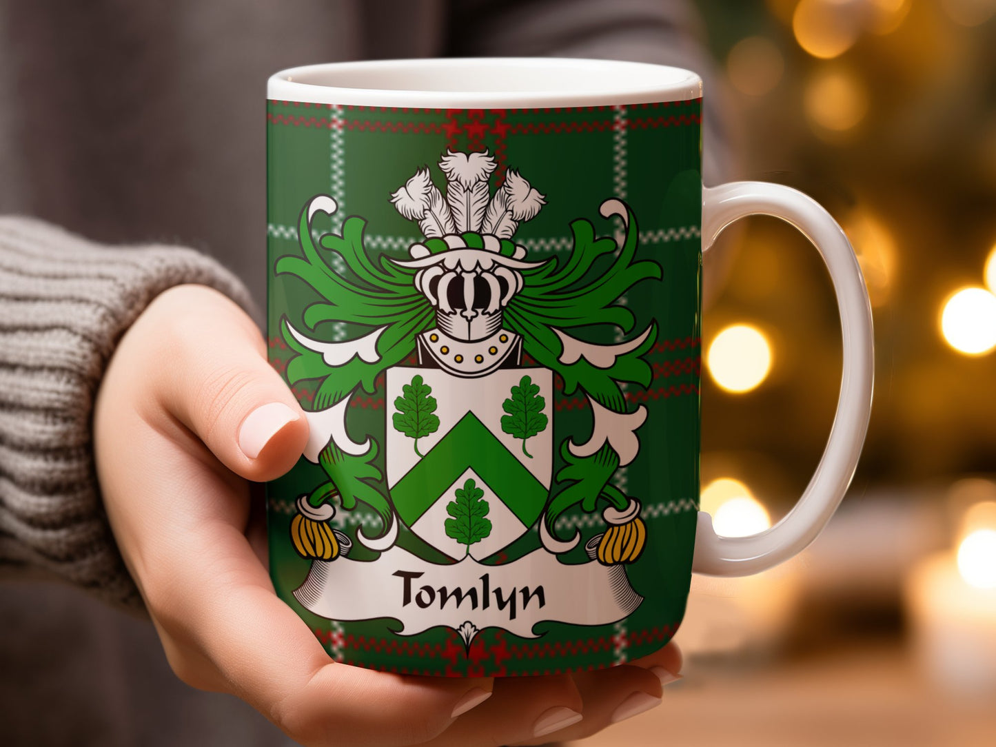 Tomlyn Welsh Surname Tartan Background Coat of Arms Mug - Living Stone Gifts