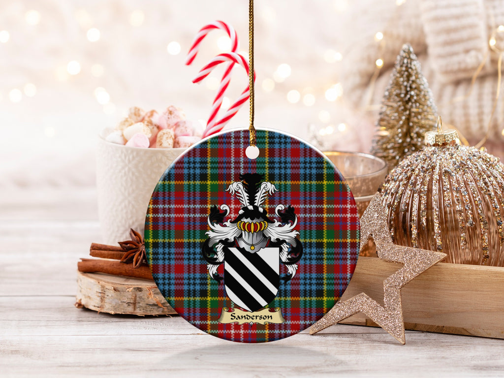 Double-sided Sanderson ceramic ornament with family shield and Caledonia tartan background
