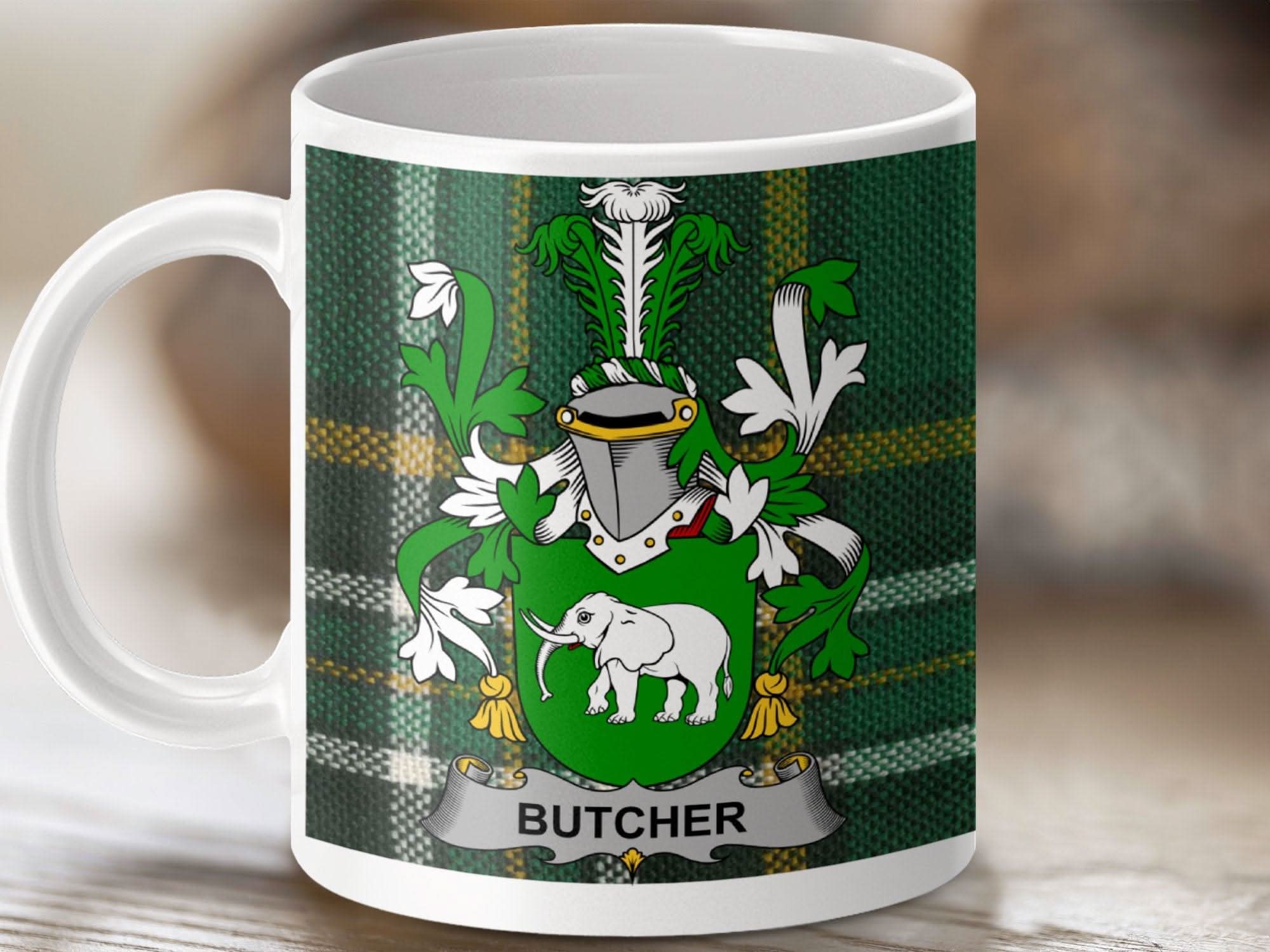 Butcher Surname Family Crest Irish Tartan Mug - Celtic Ancestry Gifts