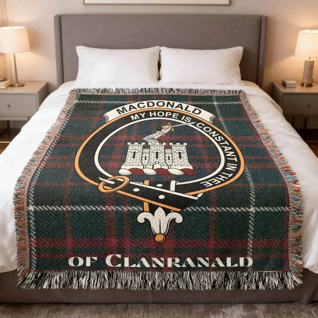 MacDonald of Clanranald tartan woven blanket — 100% cotton with My Hope Is Constant In Thee clan crest