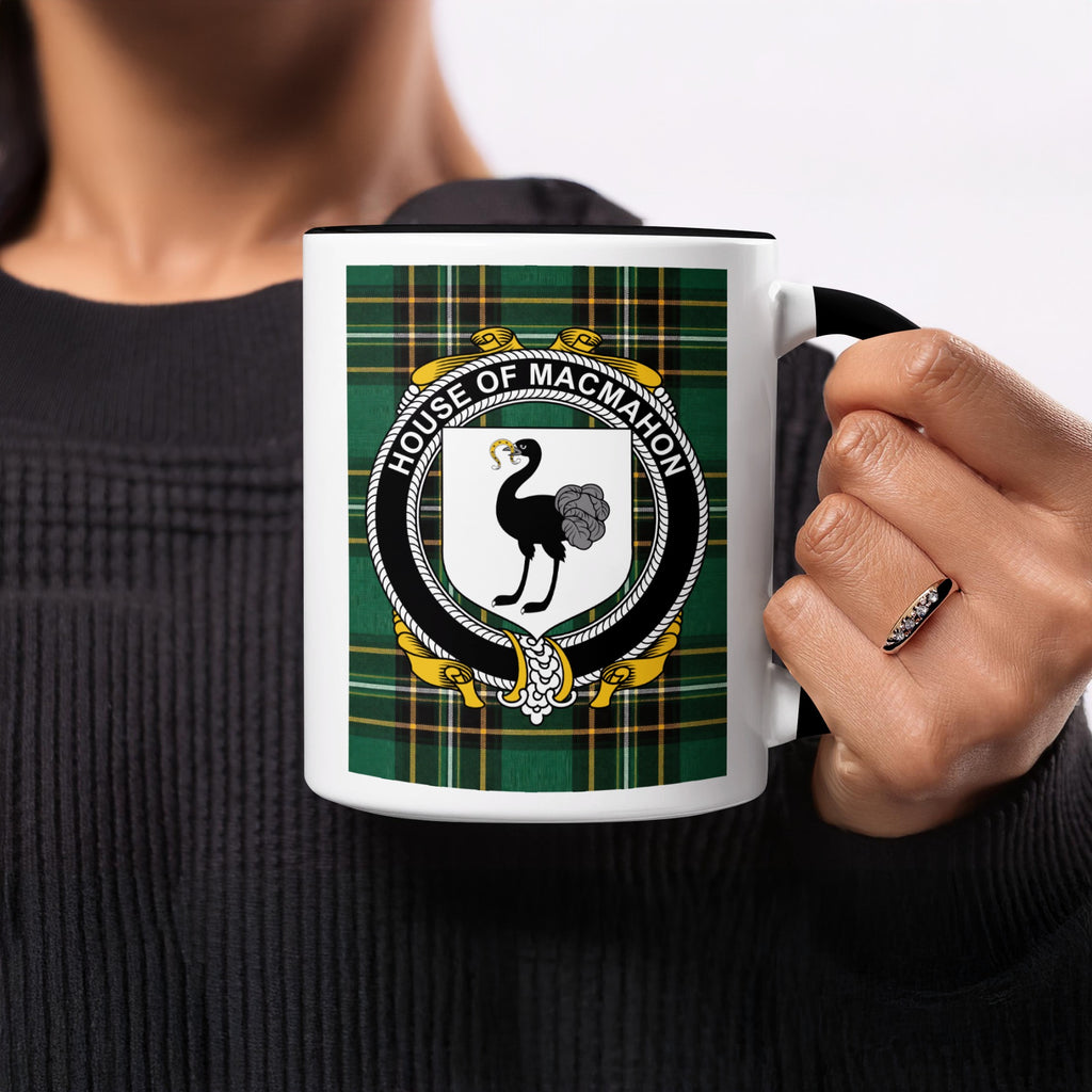 MacMahon Irish heritage ceramic mug showing tartan and surname emblem