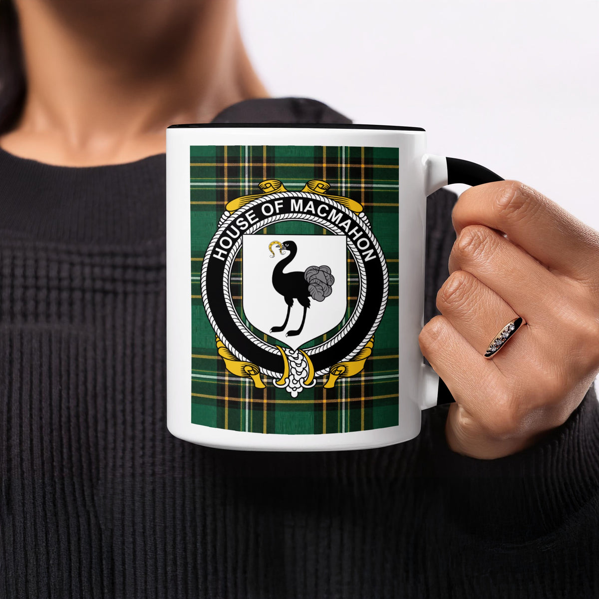 MacMahon Irish heritage ceramic mug showing tartan and surname emblem