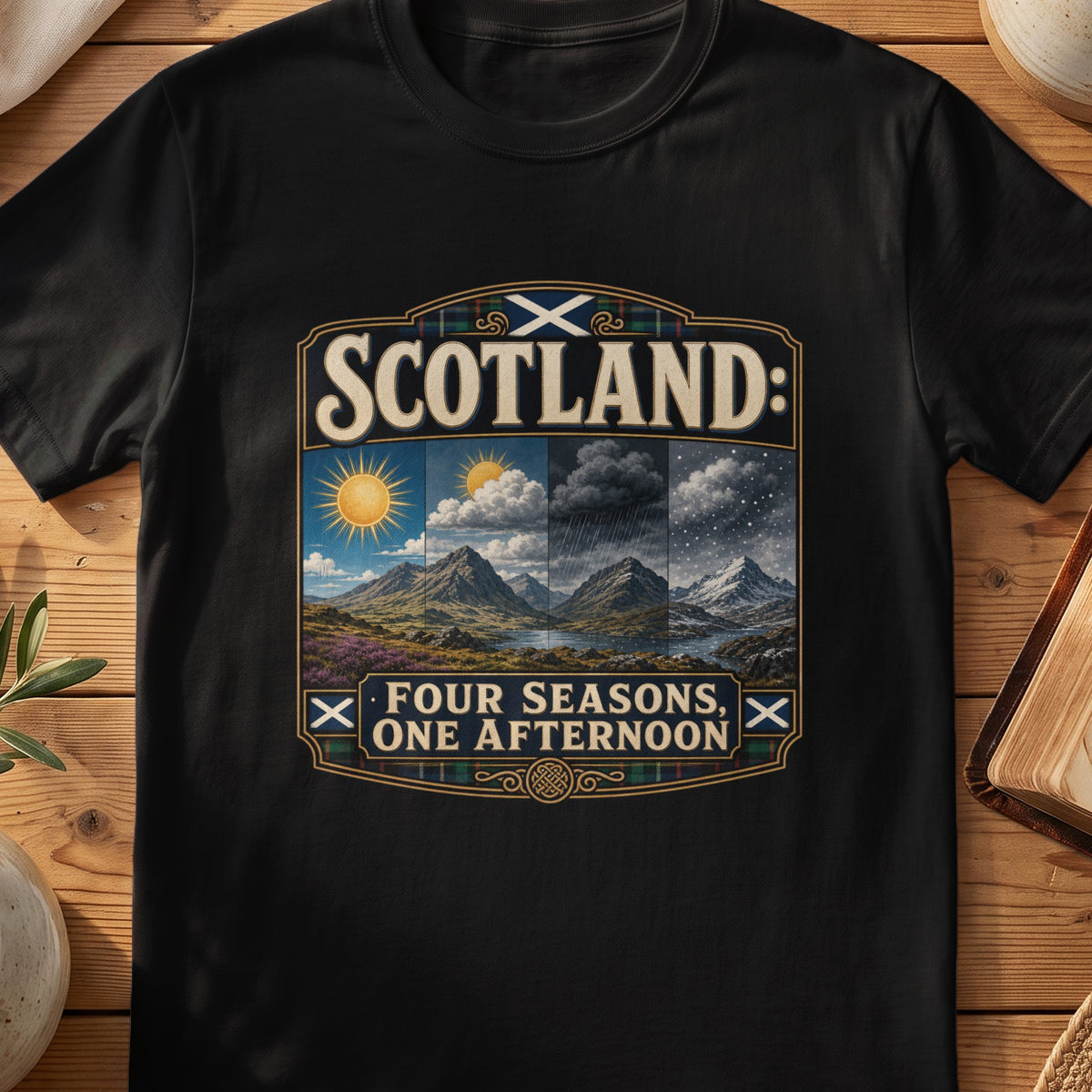 Black Gildan 64000 unisex T-shirt flatlay with Scotland Four Seasons One Afternoon Scottish graphic design