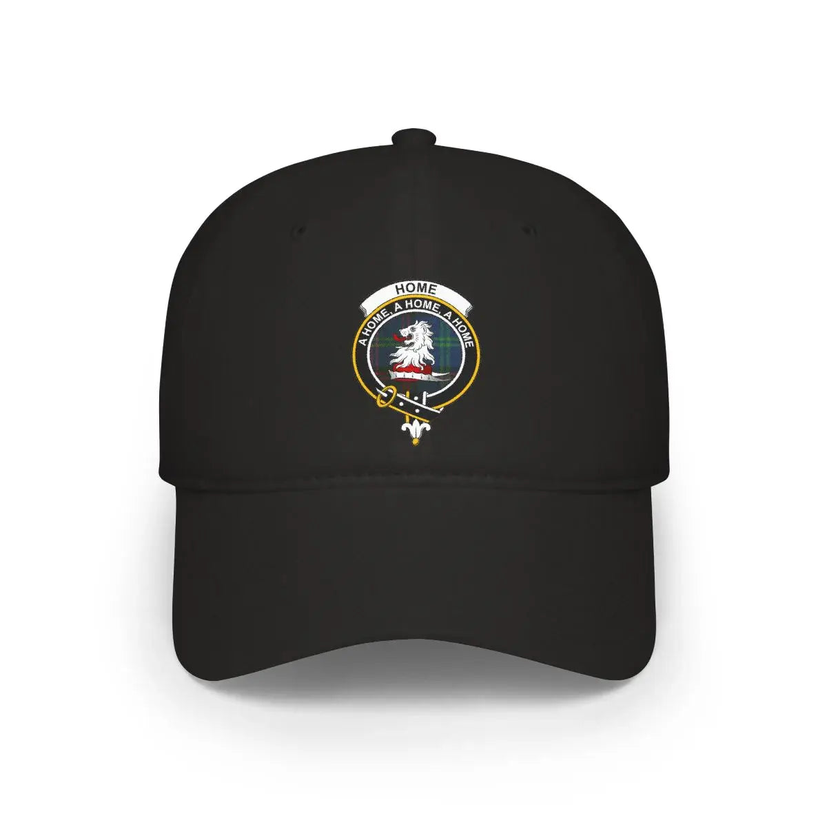 Home clan crest tartan cap in black — 100% cotton with A Home A Home A Home lion heraldic design