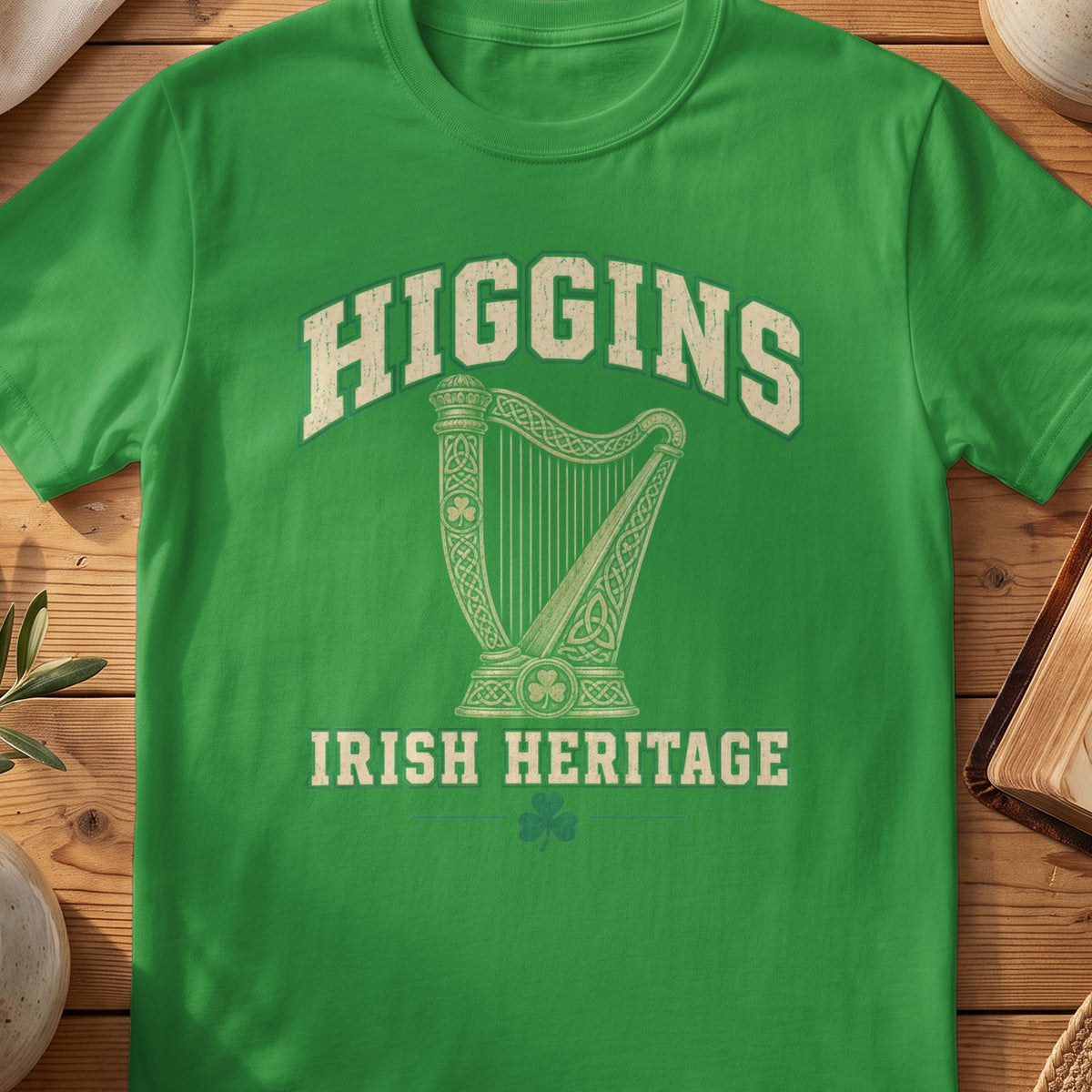 Higgins Irish Heritage green Gildan 64000 T-shirt with Celtic harp design