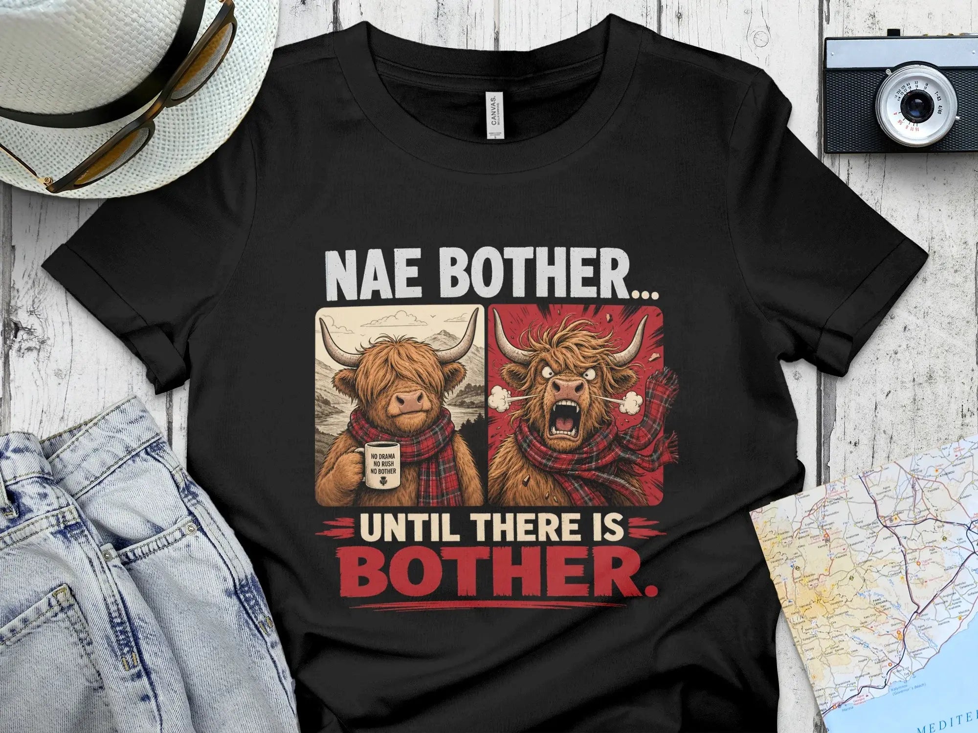 Highland cow illustration with text "Nae bother... until there is bother."