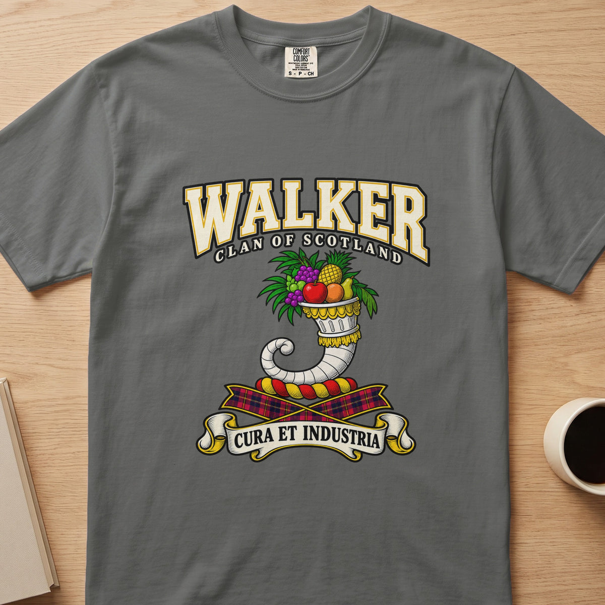 Walker clan T-shirt in gray, front view with curved horn filled with colorful flowers