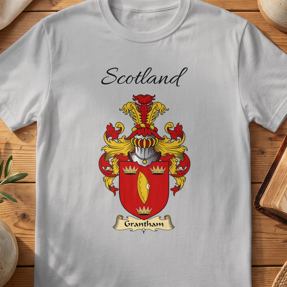 Sport Grey Grantham Scottish family shield T-shirt featuring a gold fish and crown motifs on red